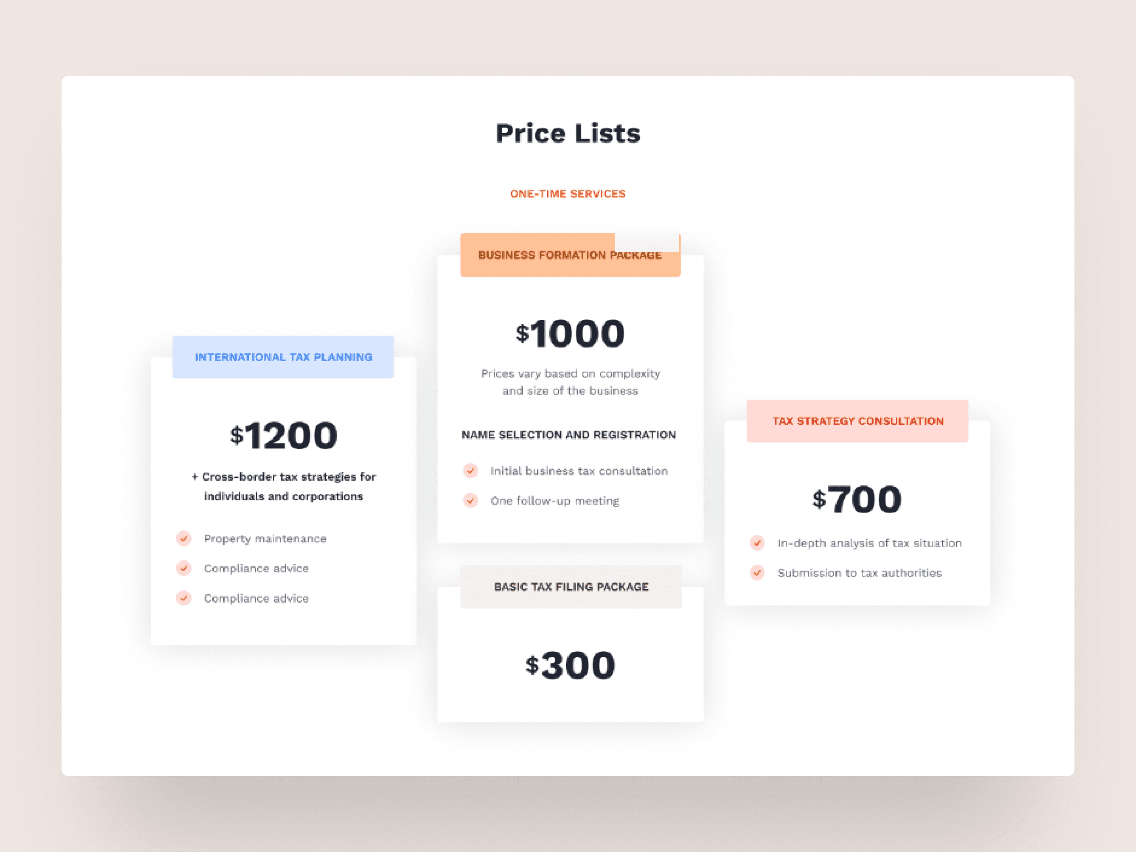 Screen displaying pricing packages