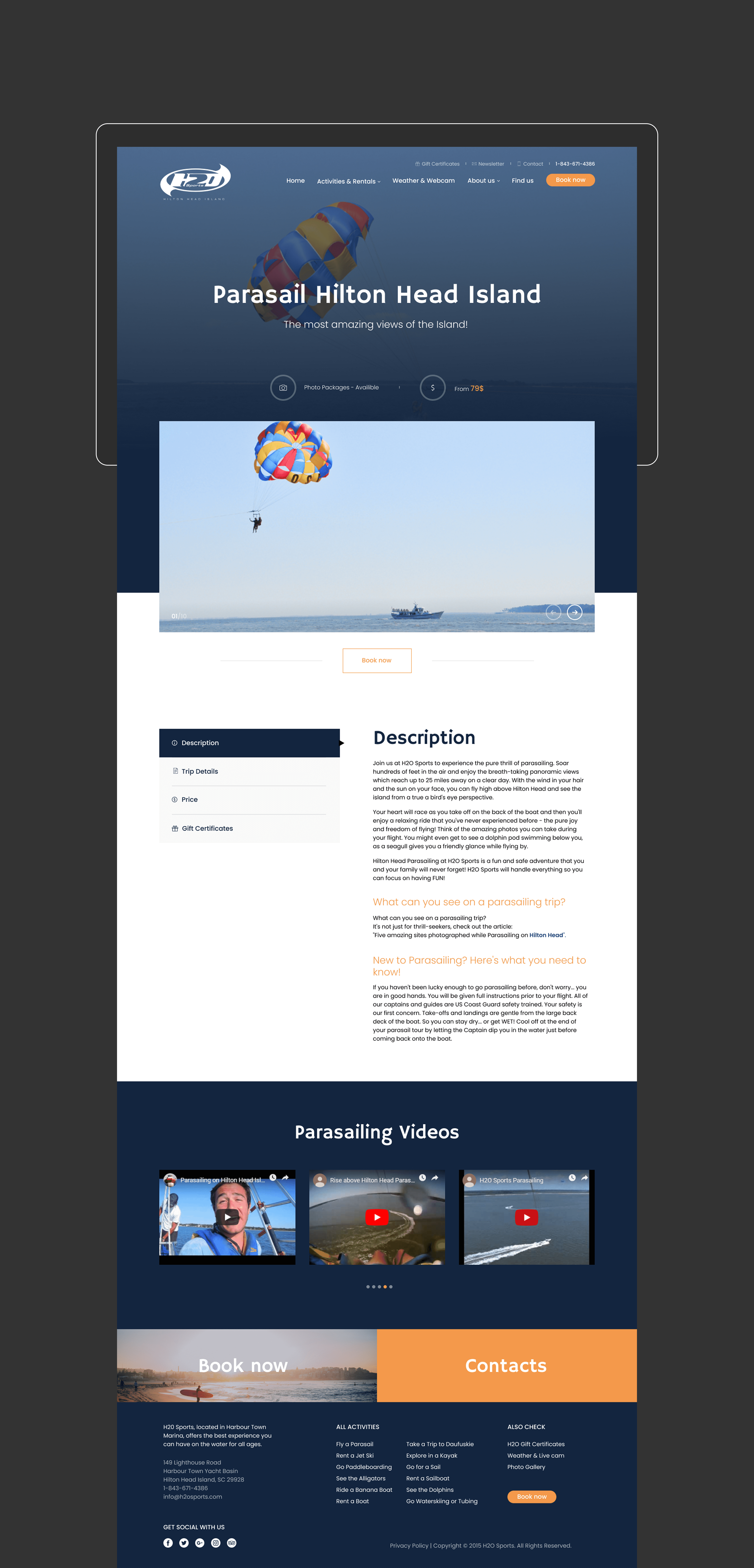 Webpage featuring a section dedicated to water sports activities